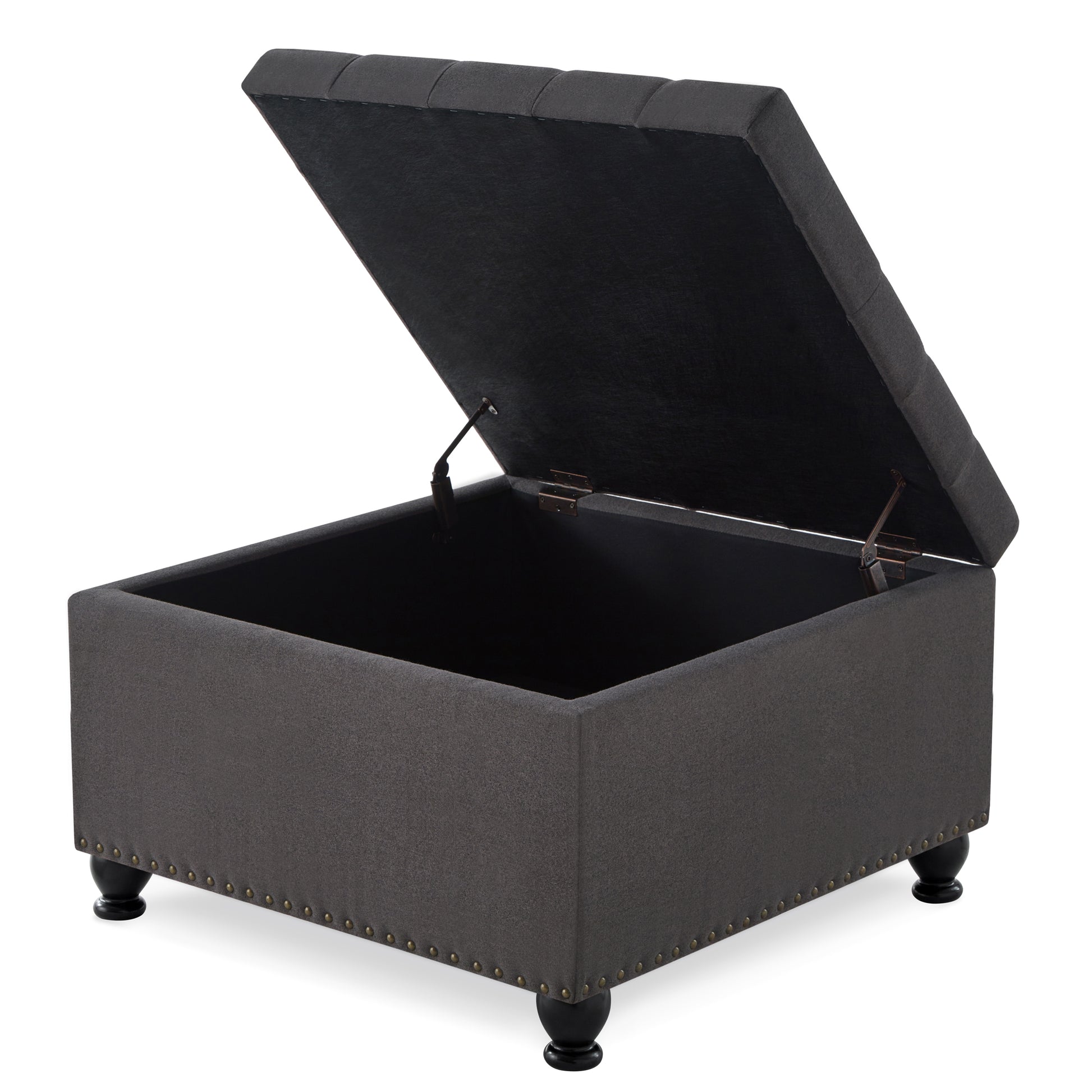 Large square storage ottoman with wooden legs, Upholstered button tufted coffee table with nail trims for Living Space,Dark Grey image 5