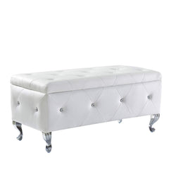 Upholstered Storage Ottoman Bench For Bedroom End Of Bed Faux Leather Rectangular Storage Benches Footrest With Crystal Buttons For Living Room Entryway (White)