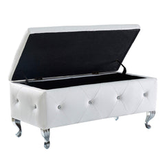 Upholstered Storage Ottoman Bench For Bedroom End Of Bed Faux Leather Rectangular Storage Benches Footrest With Crystal Buttons For Living Room Entryway (White)