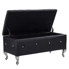 Upholstered Storage Ottoman Bench For Bedroom End Of Bed Faux Leather Rectangular Storage Benches Footrest With Crystal Buttons For Living Room Entryway (Black)