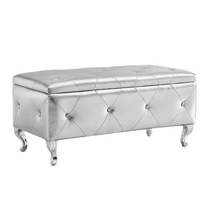 Upholstered Storage Ottoman Bench For Bedroom End Of Bed Faux Leather Rectangular Storage Benches Footrest With Crystal Buttons For Living Room Entryway (Silver) image 2