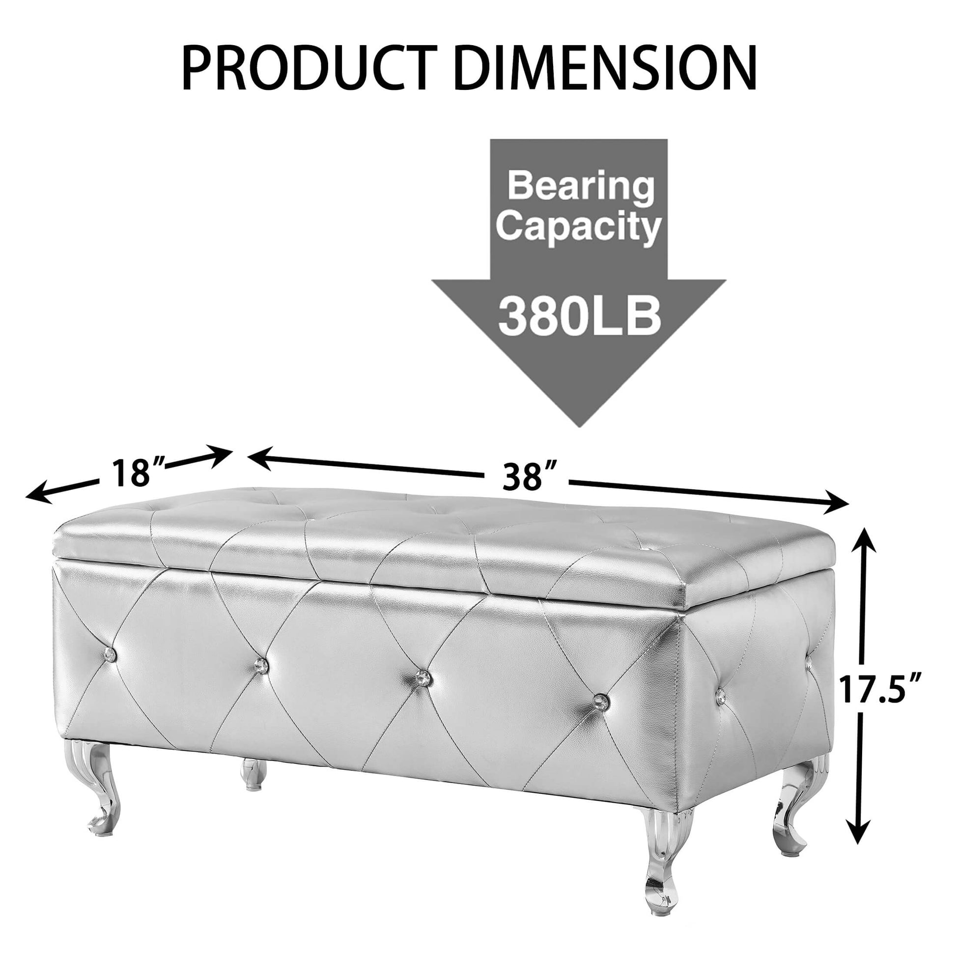 Upholstered Storage Ottoman Bench For Bedroom End Of Bed Faux Leather Rectangular Storage Benches Footrest With Crystal Buttons For Living Room Entryway (Silver) image 8