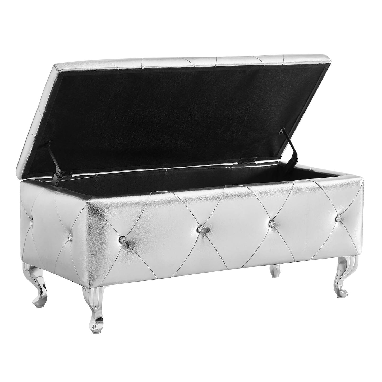 Upholstered Storage Ottoman Bench For Bedroom End Of Bed Faux Leather Rectangular Storage Benches Footrest With Crystal Buttons For Living Room Entryway (Silver) image 3