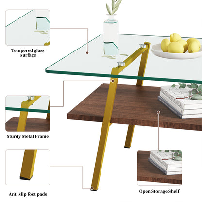 Rectangle Coffee Table, Tempered Glass Tabletop with Gold Metal Legs, Modern Table for Living Room, Transparent Glass image 9