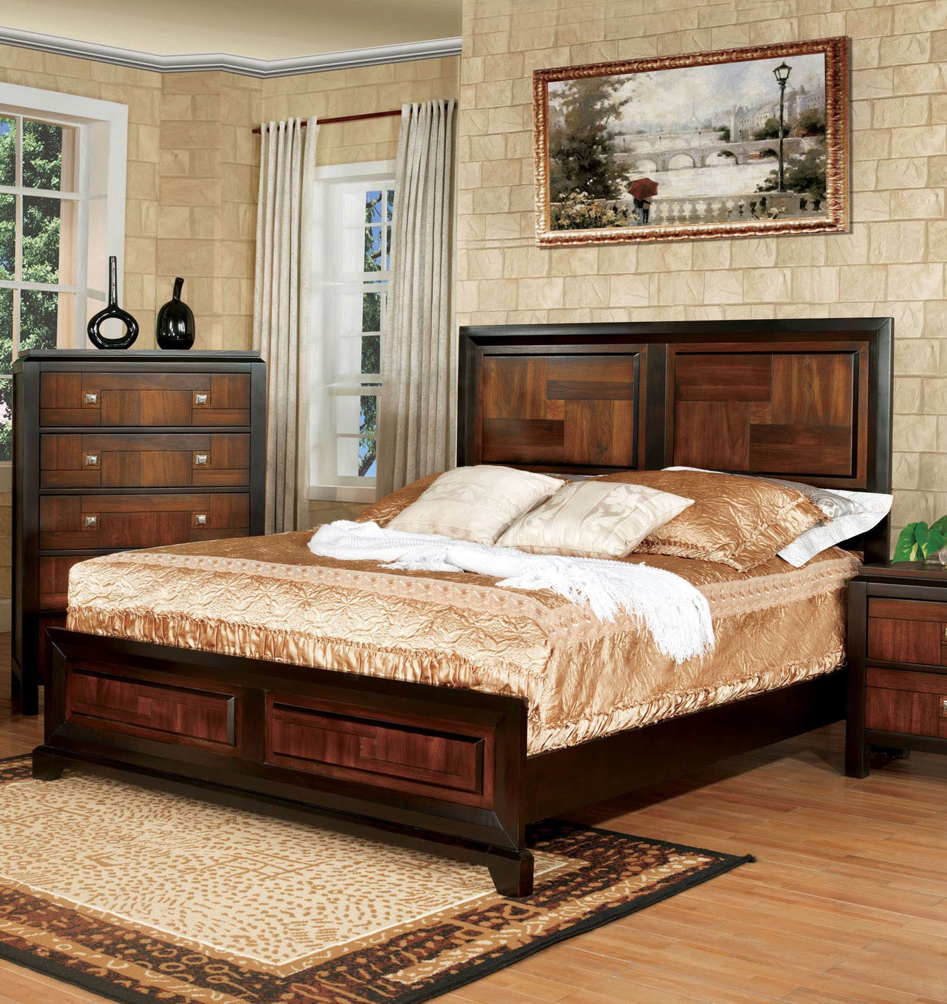 Transitional Queen Size Bed Acacia / Walnut Solidwood 1pcs Bed Bedroom Furniture Parquet Design Headboard And Footboard Bedframe image 2