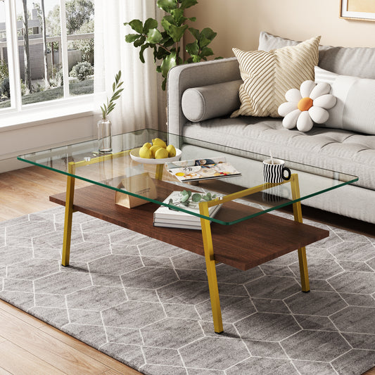 Rectangle Coffee Table, Tempered Glass Tabletop with Gold Metal Legs, Modern Table for Living Room, Transparent Glass image 1