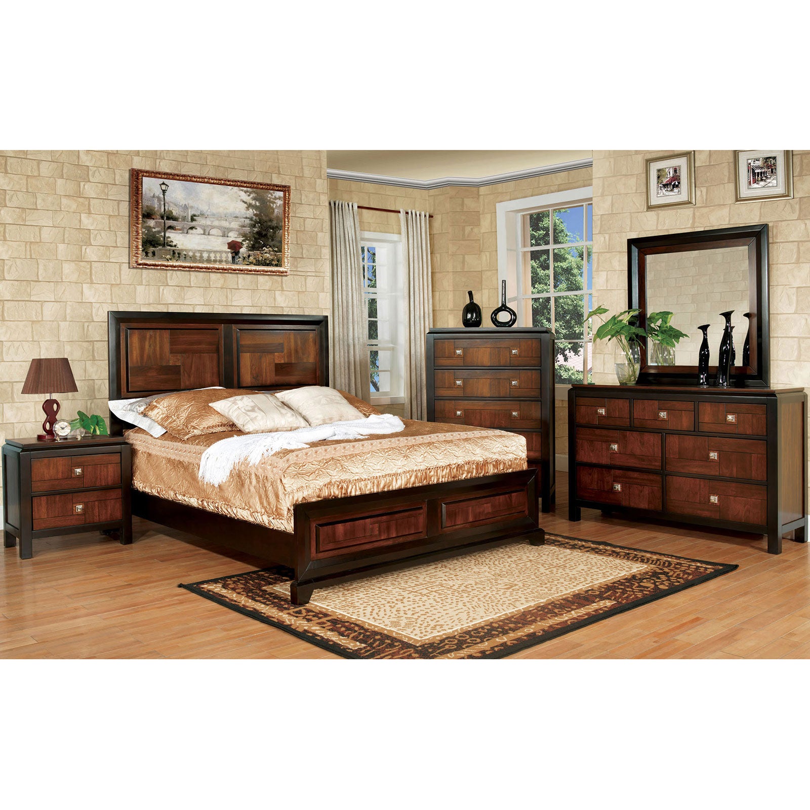 Transitional Queen Size Bed Acacia / Walnut Solidwood 1pcs Bed Bedroom Furniture Parquet Design Headboard And Footboard Bedframe image 8