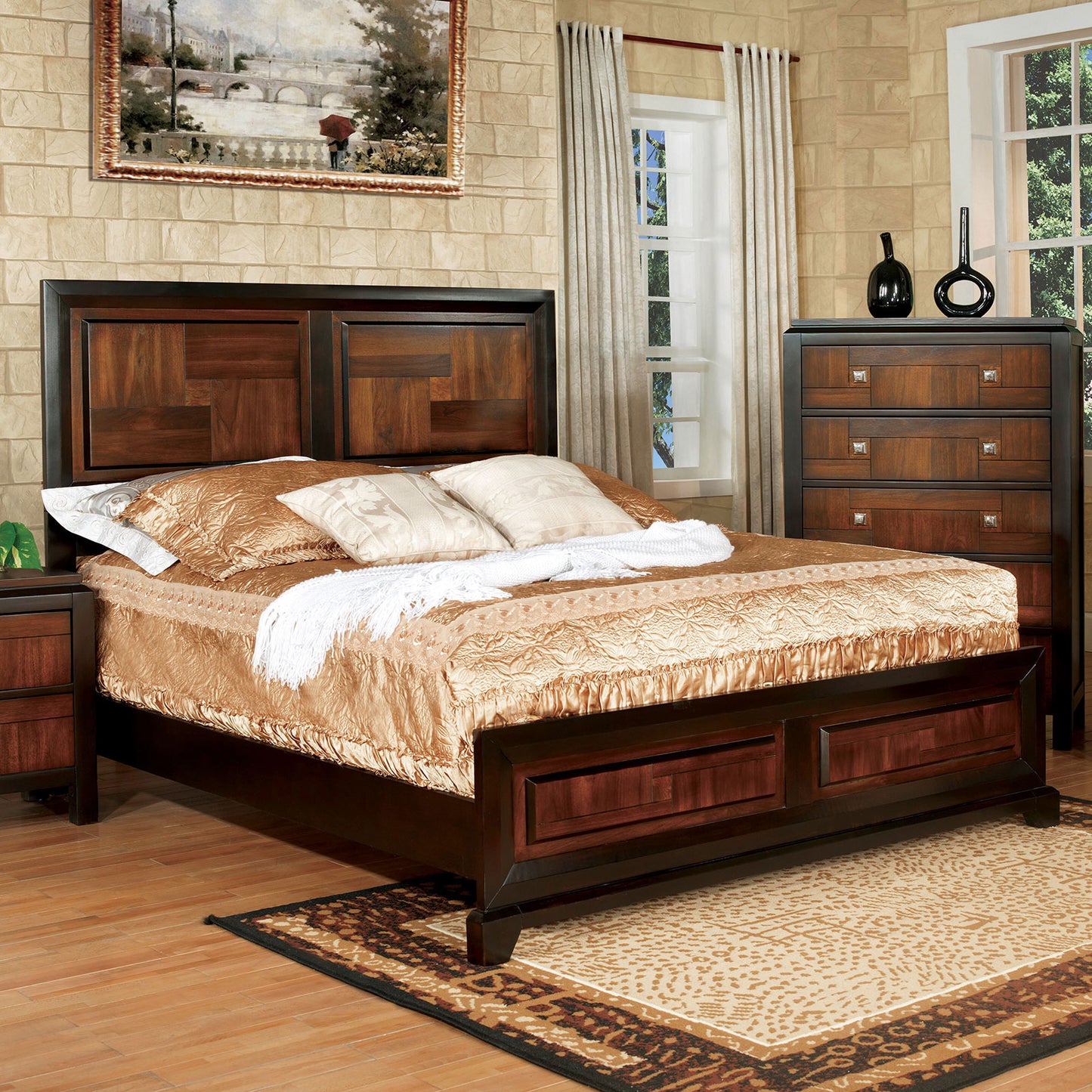 Transitional Queen Size Bed Acacia / Walnut Solidwood 1pcs Bed Bedroom Furniture Parquet Design Headboard And Footboard Bedframe image 1