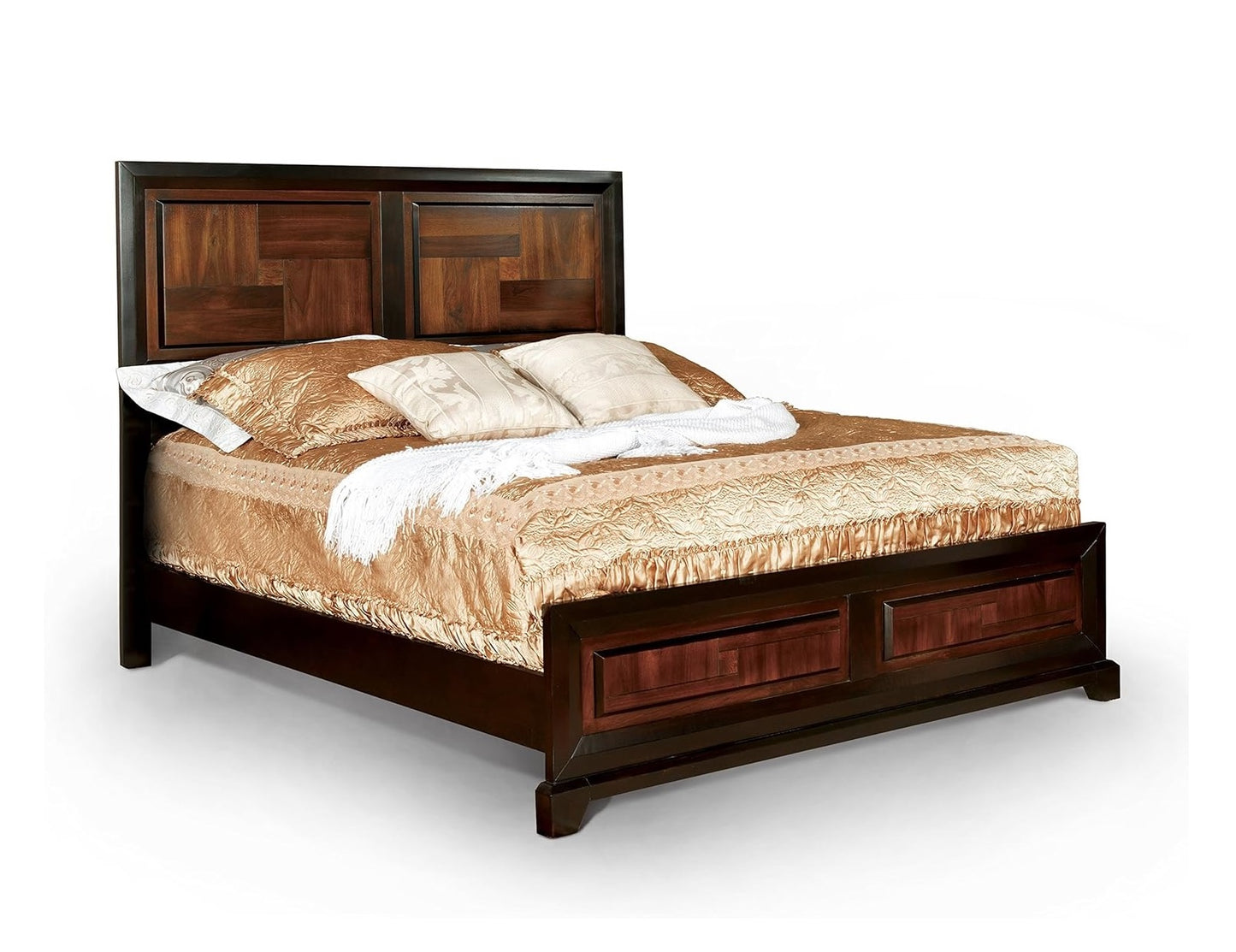 Transitional Queen Size Bed Acacia / Walnut Solidwood 1pcs Bed Bedroom Furniture Parquet Design Headboard And Footboard Bedframe image 3