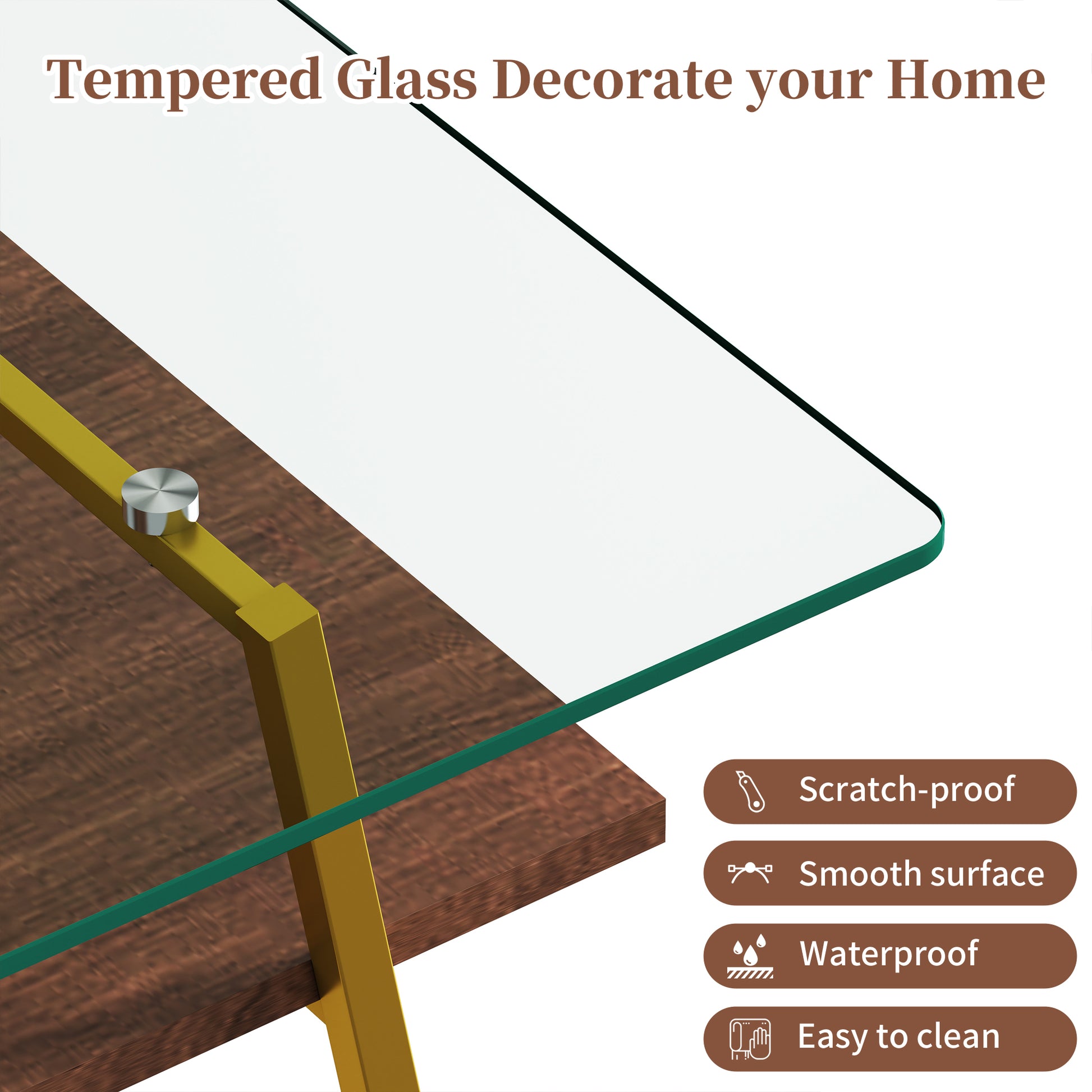 Rectangle Coffee Table, Tempered Glass Tabletop with Gold Metal Legs, Modern Table for Living Room, Transparent Glass image 12