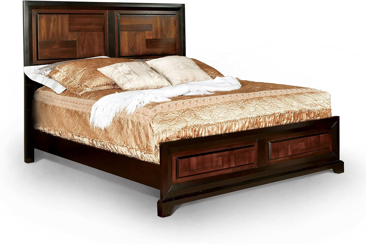 Transitional Queen Size Bed Acacia / Walnut Solidwood 1pcs Bed Bedroom Furniture Parquet Design Headboard And Footboard Bedframe image 7