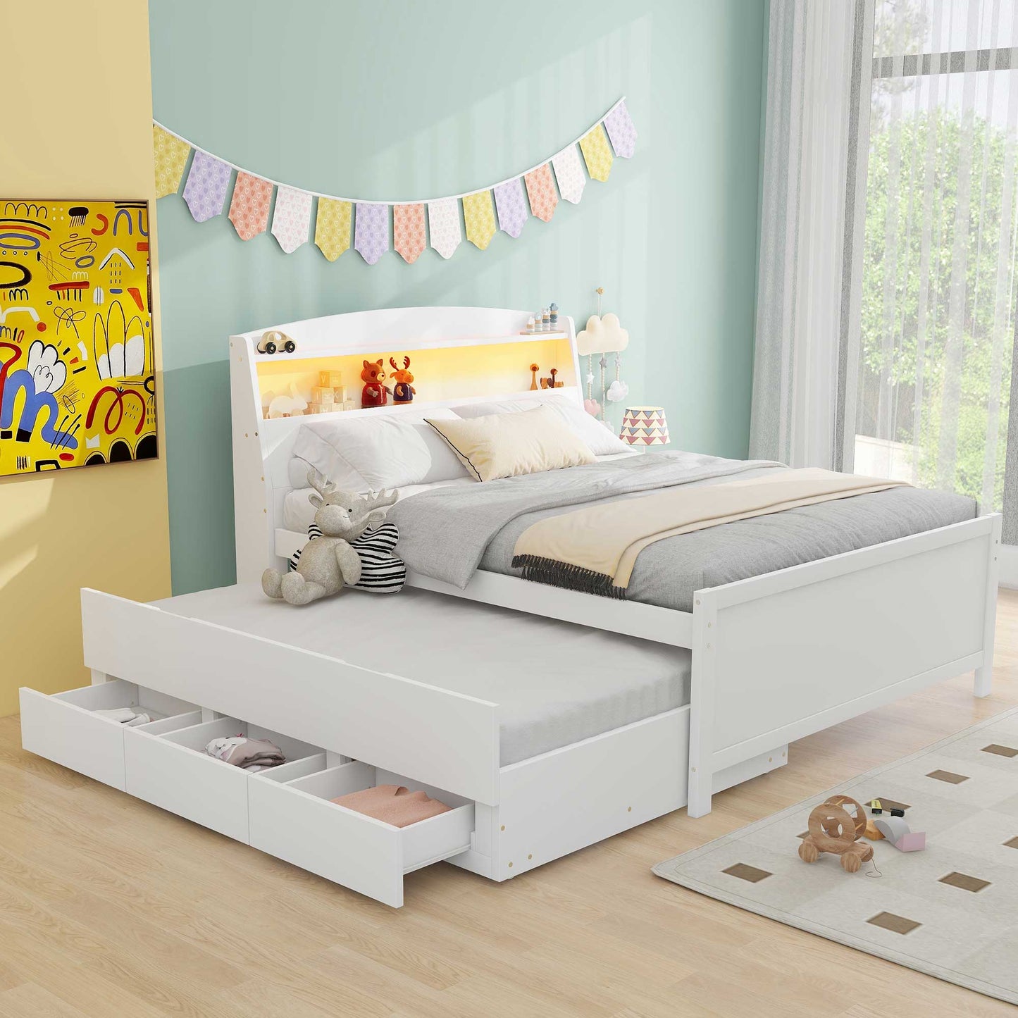 Full Size Platform Bed with Storage LED Headboard, Twin Size Trundle and 3 Drawers, White image 1