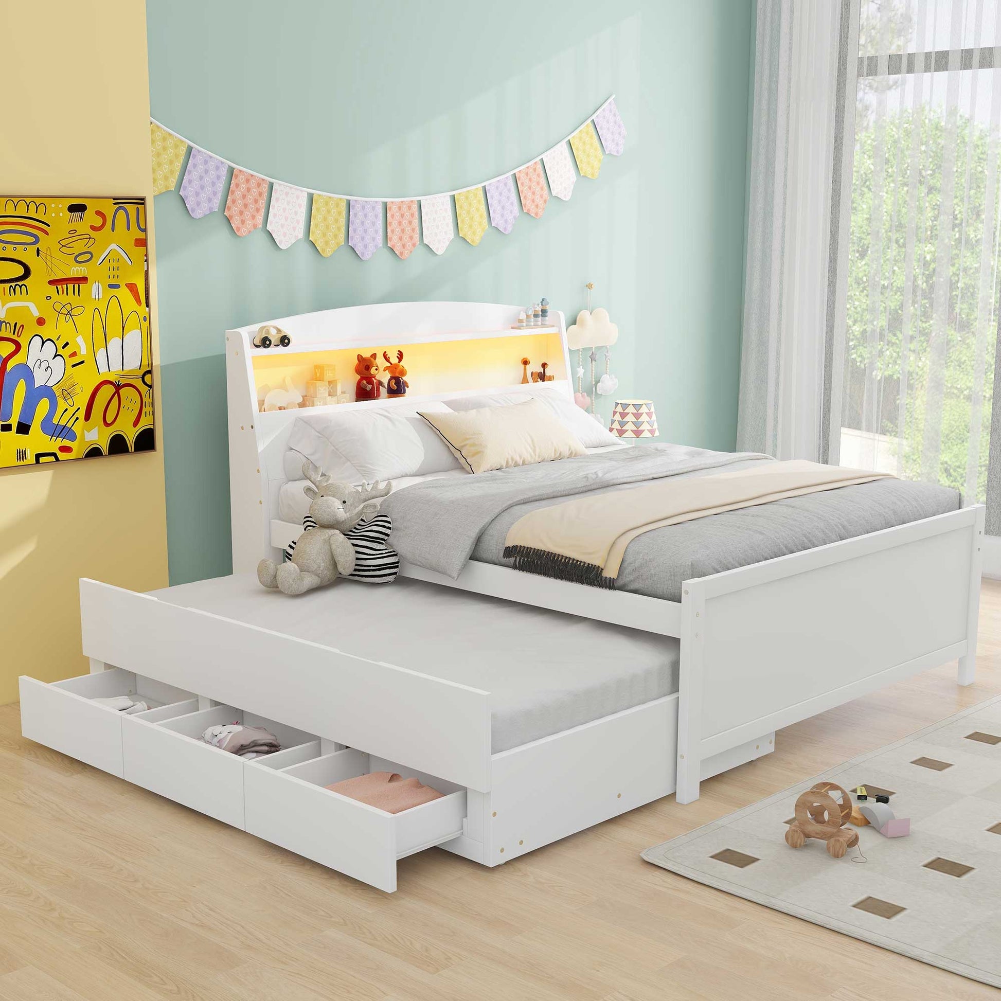 Full Size Platform Bed with Storage LED Headboard, Twin Size Trundle and 3 Drawers, White image 1
