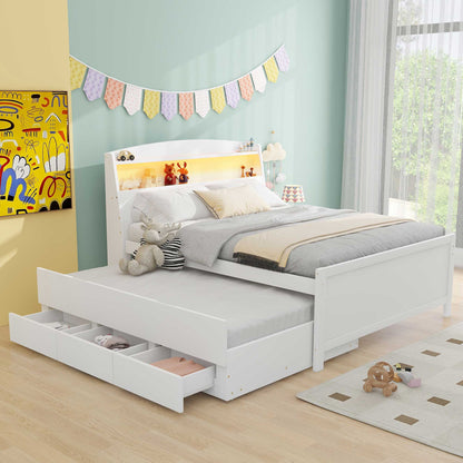 Full Size Platform Bed with Storage LED Headboard, Twin Size Trundle and 3 Drawers, White image 1