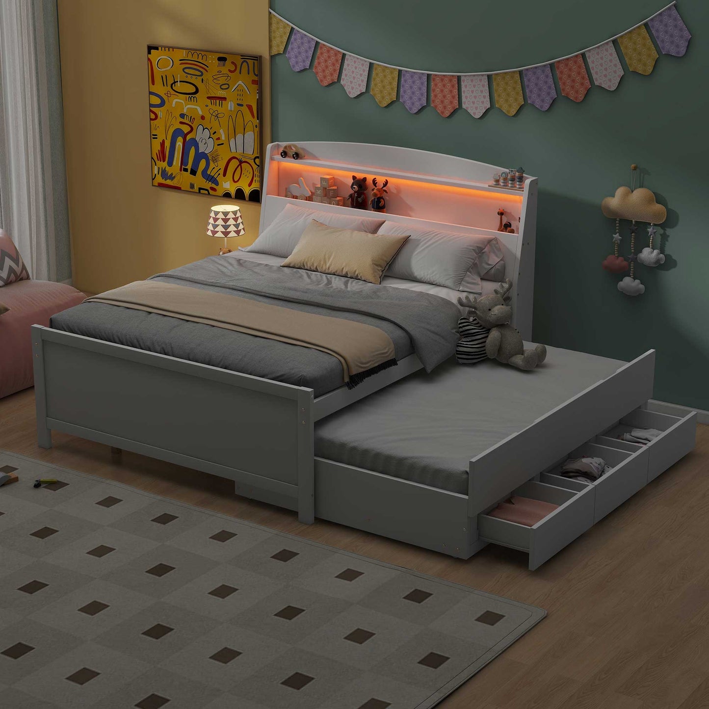 Full Size Platform Bed with Storage LED Headboard, Twin Size Trundle and 3 Drawers, White image 2