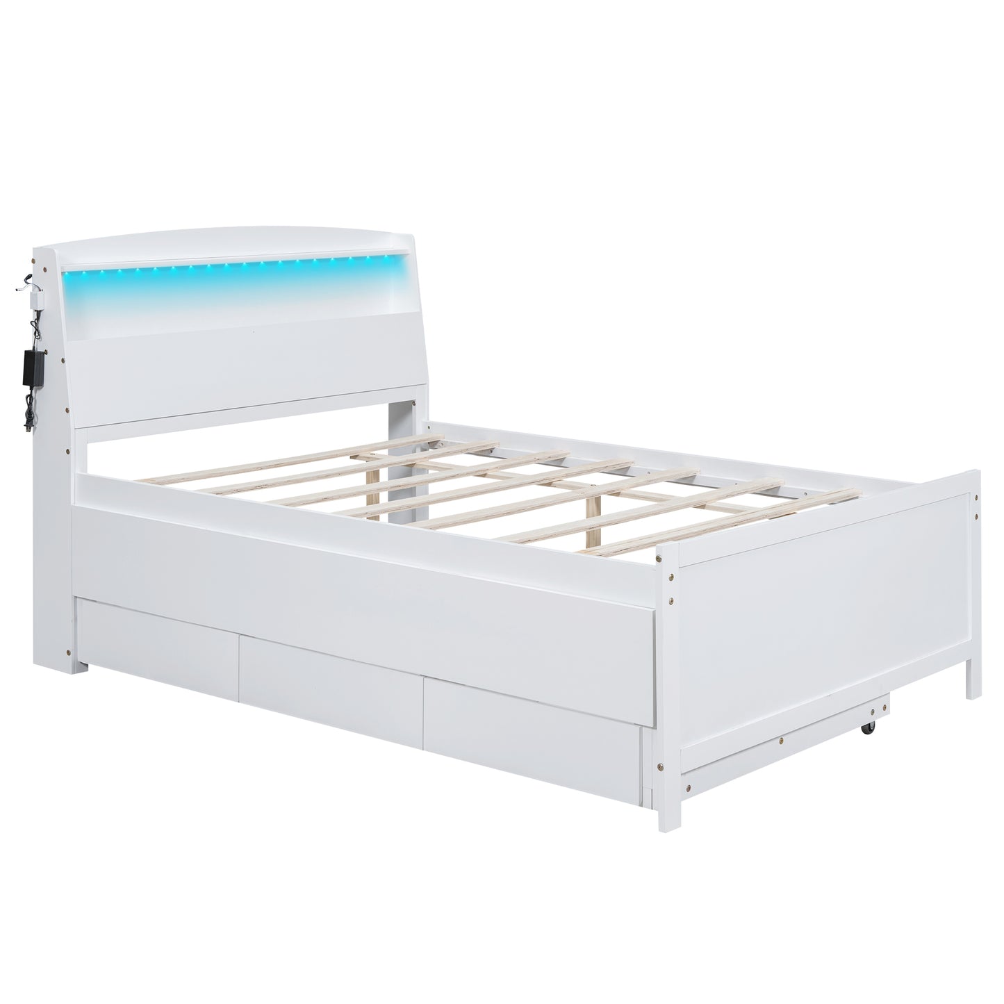 Full Size Platform Bed with Storage LED Headboard, Twin Size Trundle and 3 Drawers, White image 11
