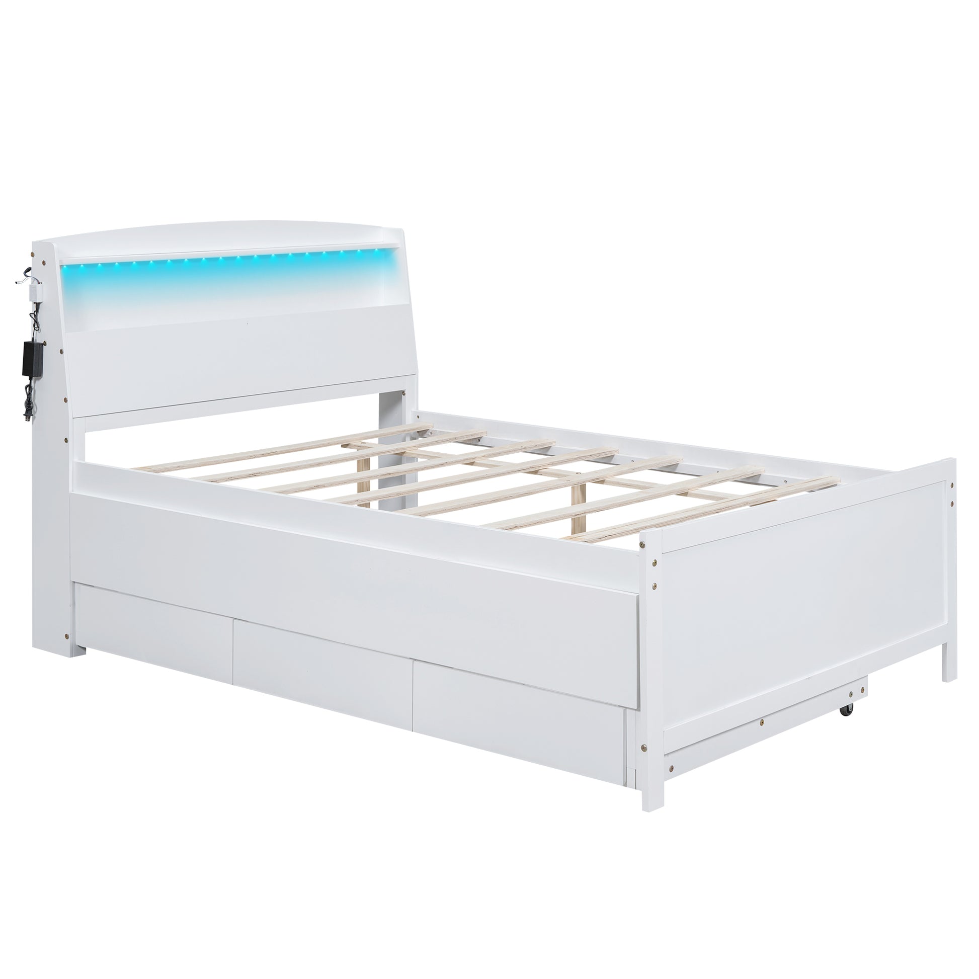 Full Size Platform Bed with Storage LED Headboard, Twin Size Trundle and 3 Drawers, White image 11