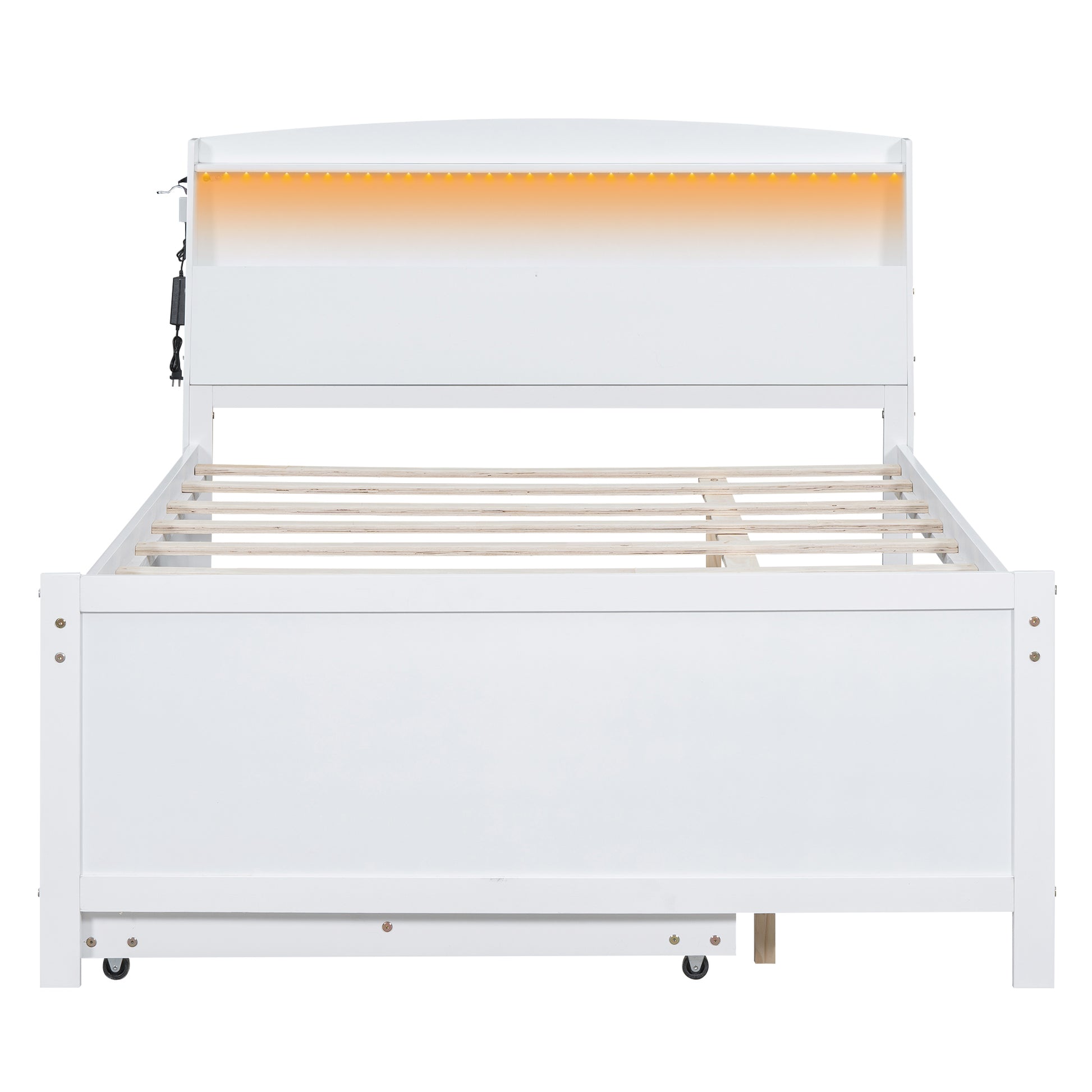 Full Size Platform Bed with Storage LED Headboard, Twin Size Trundle and 3 Drawers, White image 8