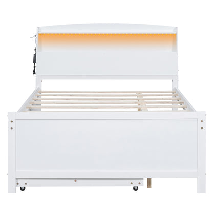 Full Size Platform Bed with Storage LED Headboard, Twin Size Trundle and 3 Drawers, White image 8