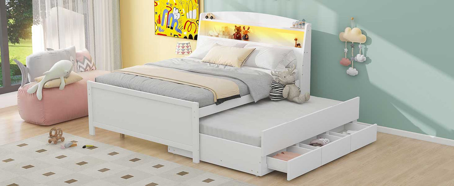 Full Size Platform Bed with Storage LED Headboard, Twin Size Trundle and 3 Drawers, White image 6