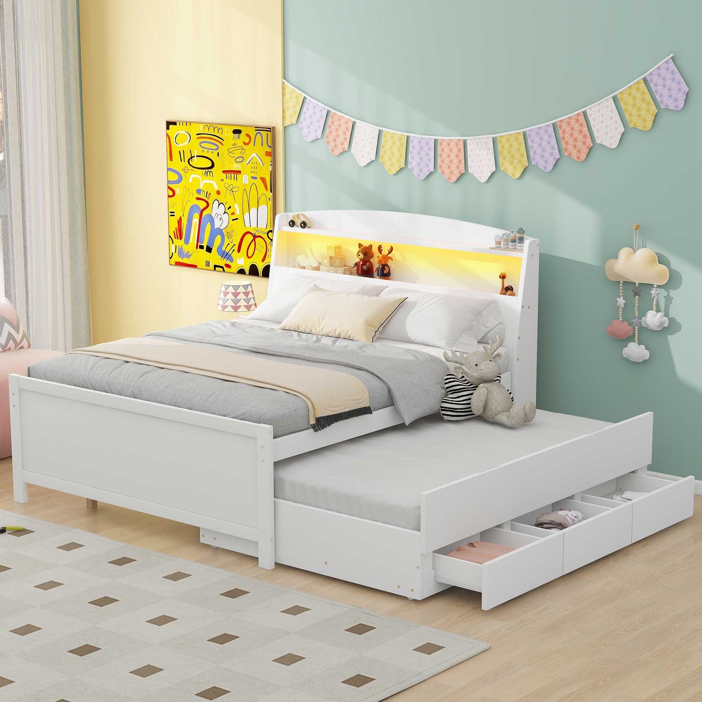 Full Size Platform Bed with Storage LED Headboard, Twin Size Trundle and 3 Drawers, White image 4