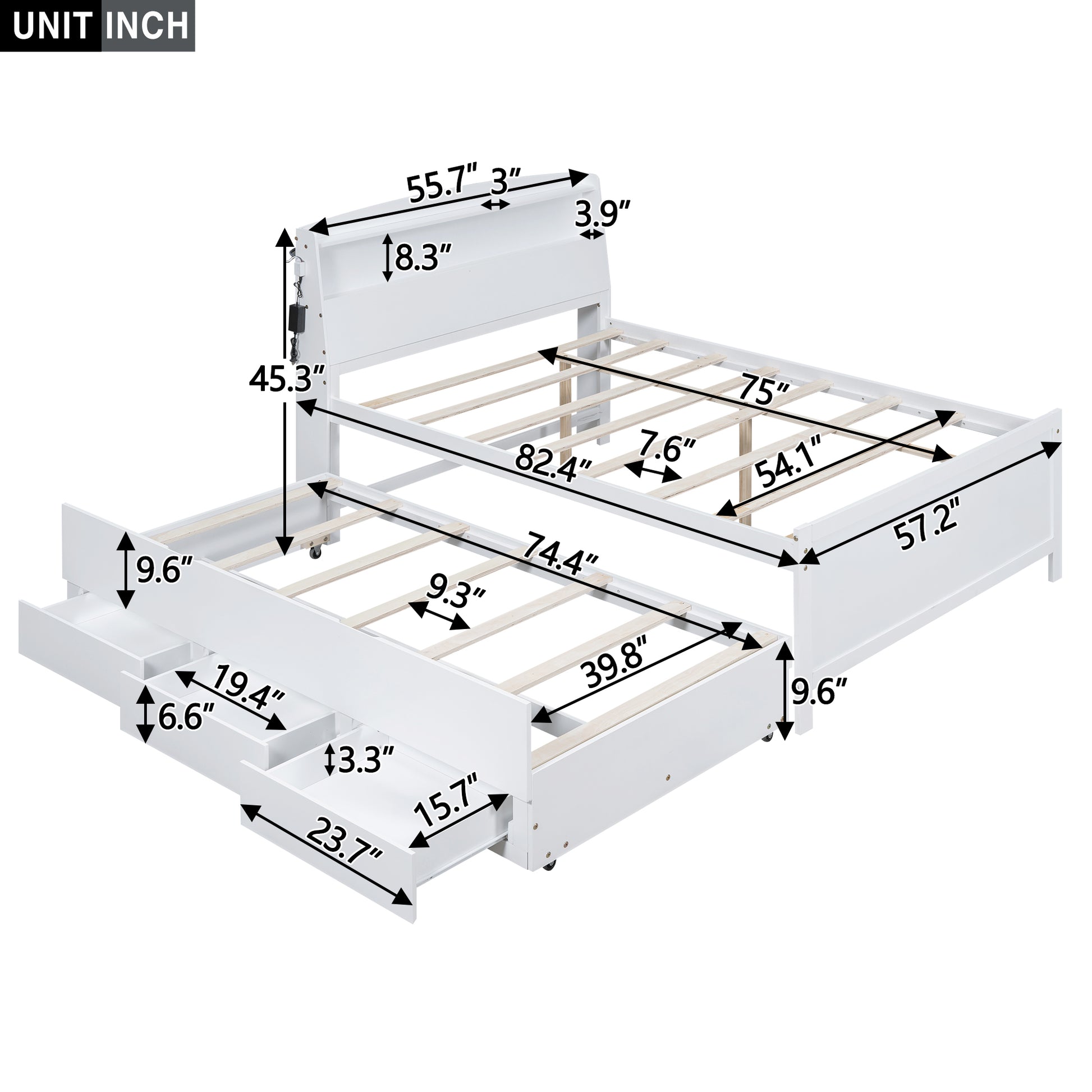 Full Size Platform Bed with Storage LED Headboard, Twin Size Trundle and 3 Drawers, White image 7