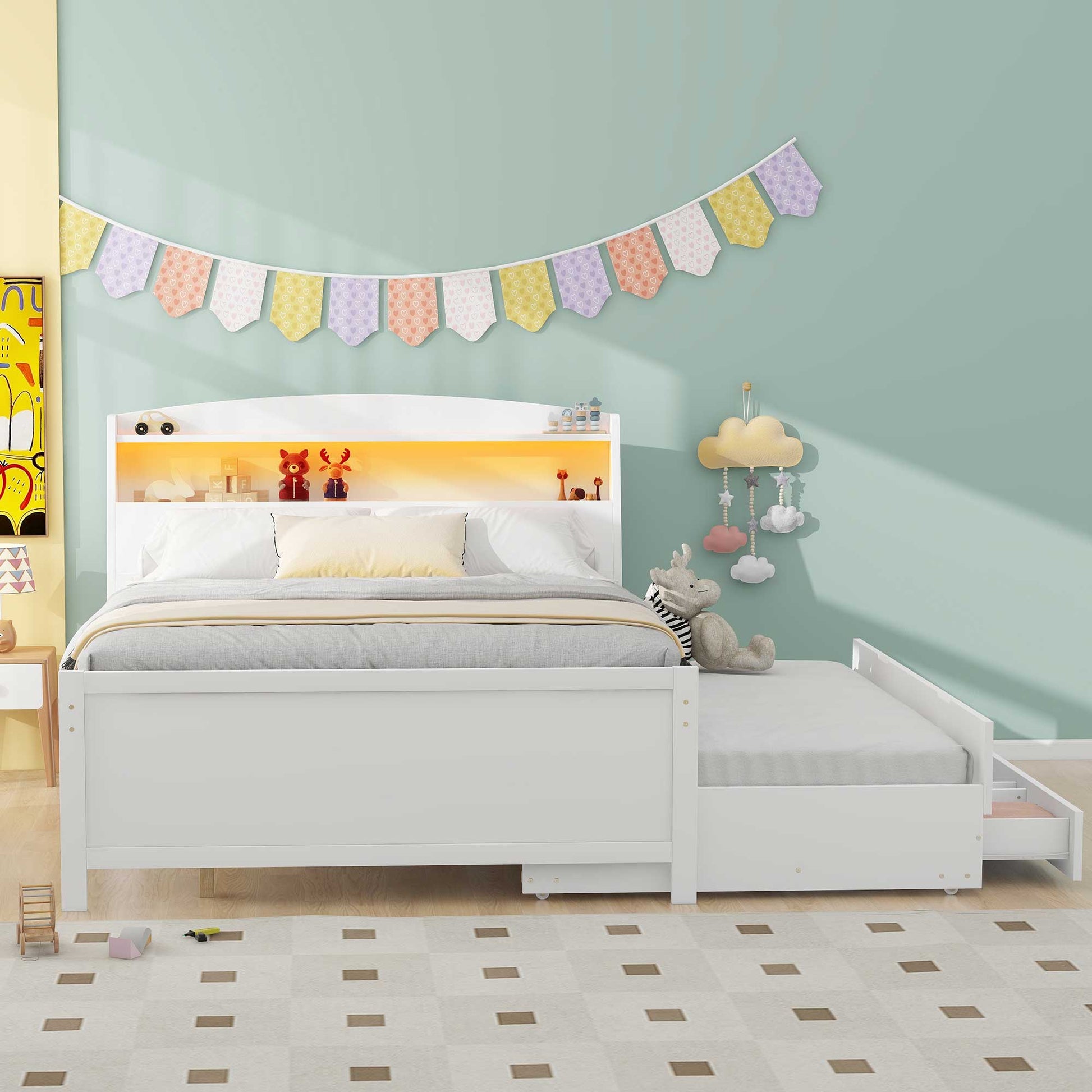 Full Size Platform Bed with Storage LED Headboard, Twin Size Trundle and 3 Drawers, White image 3