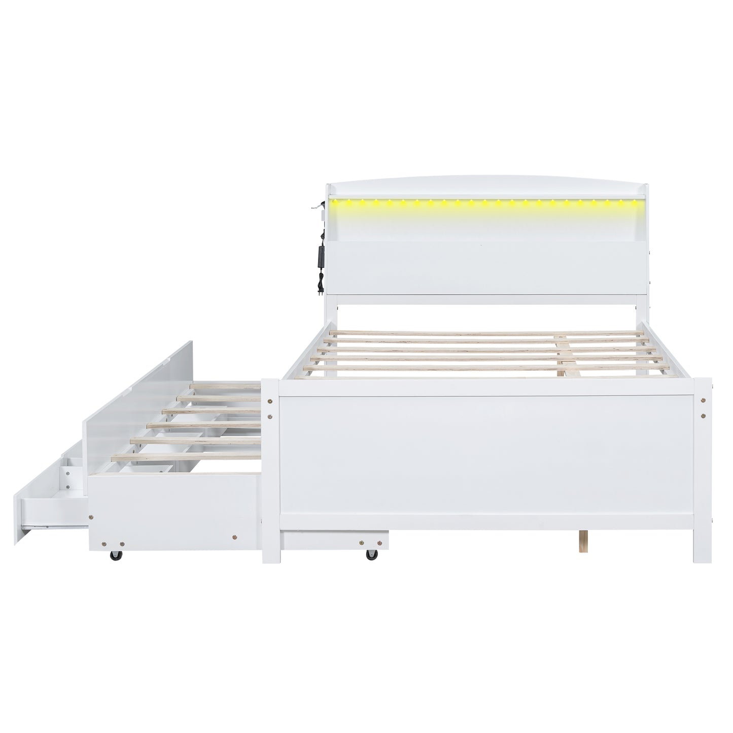 Full Size Platform Bed with Storage LED Headboard, Twin Size Trundle and 3 Drawers, White image 10