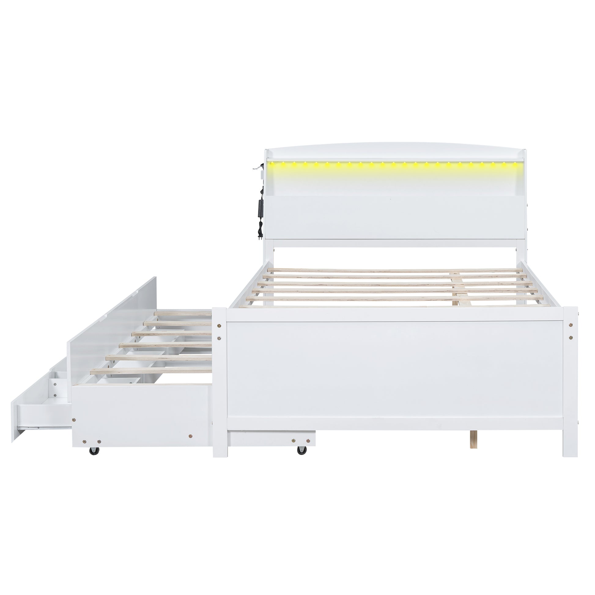 Full Size Platform Bed with Storage LED Headboard, Twin Size Trundle and 3 Drawers, White image 10