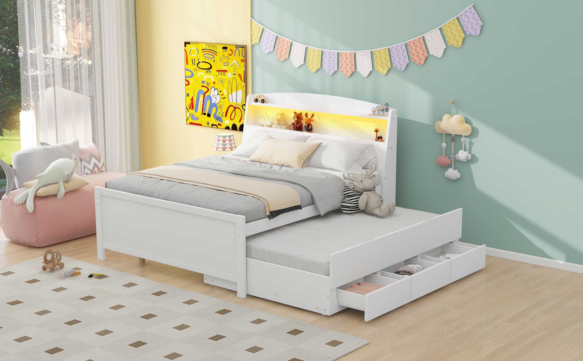 Full Size Platform Bed with Storage LED Headboard, Twin Size Trundle and 3 Drawers, White image 5
