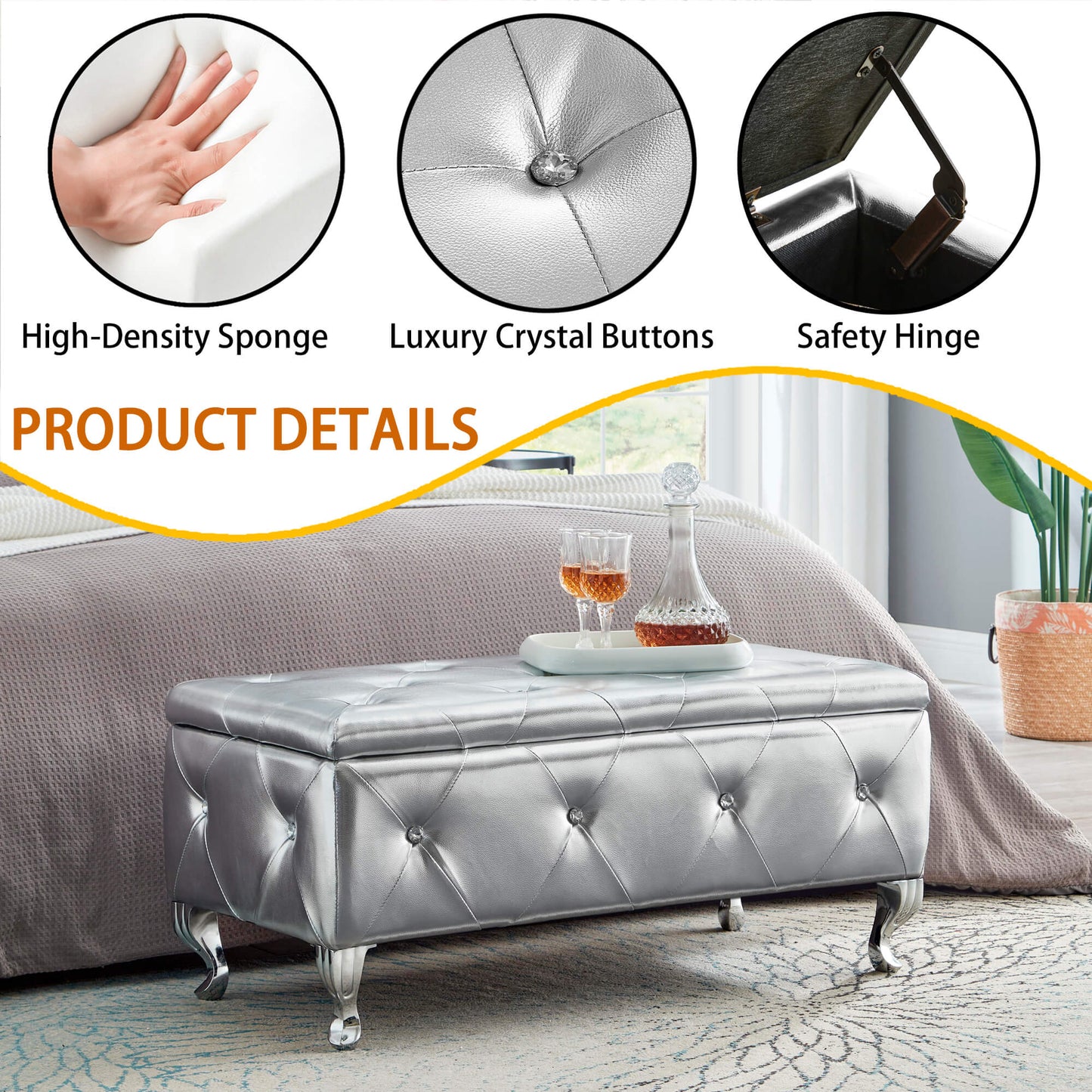 Upholstered Storage Ottoman Bench For Bedroom End Of Bed Faux Leather Rectangular Storage Benches Footrest With Crystal Buttons For Living Room Entryway (Silver) image 6