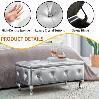 Upholstered Storage Ottoman Bench For Bedroom End Of Bed Faux Leather Rectangular Storage Benches Footrest With Crystal Buttons For Living Room Entryway (Silver) image 6