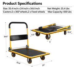 Platform Truck Hand Truck Large Size Foldable Dolly Cart for Moving Easy Storage and 360 Degree Swivel Wheels 660lbs Weight Capacity