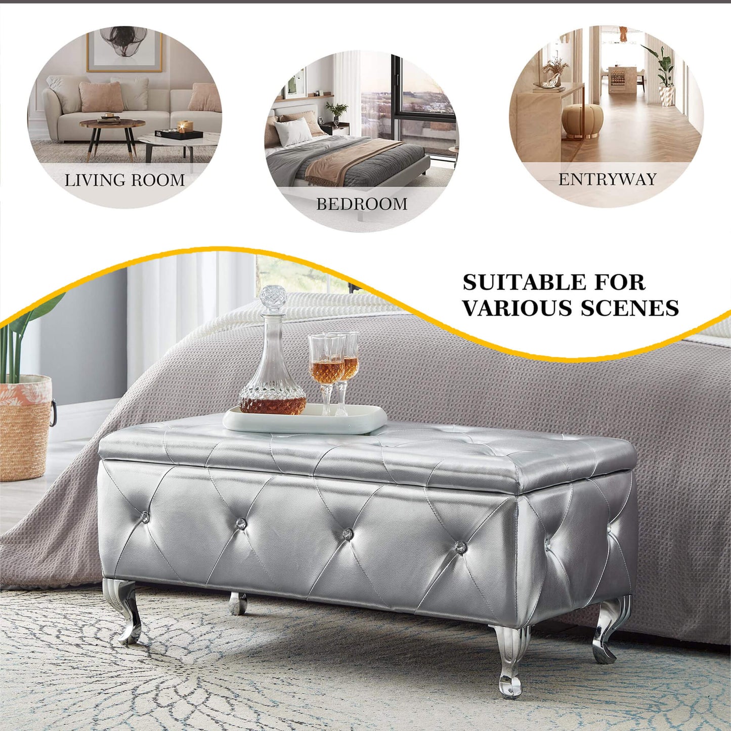 Upholstered Storage Ottoman Bench For Bedroom End Of Bed Faux Leather Rectangular Storage Benches Footrest With Crystal Buttons For Living Room Entryway (Silver) image 7