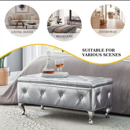 Upholstered Storage Ottoman Bench For Bedroom End Of Bed Faux Leather Rectangular Storage Benches Footrest With Crystal Buttons For Living Room Entryway (Silver) image 7