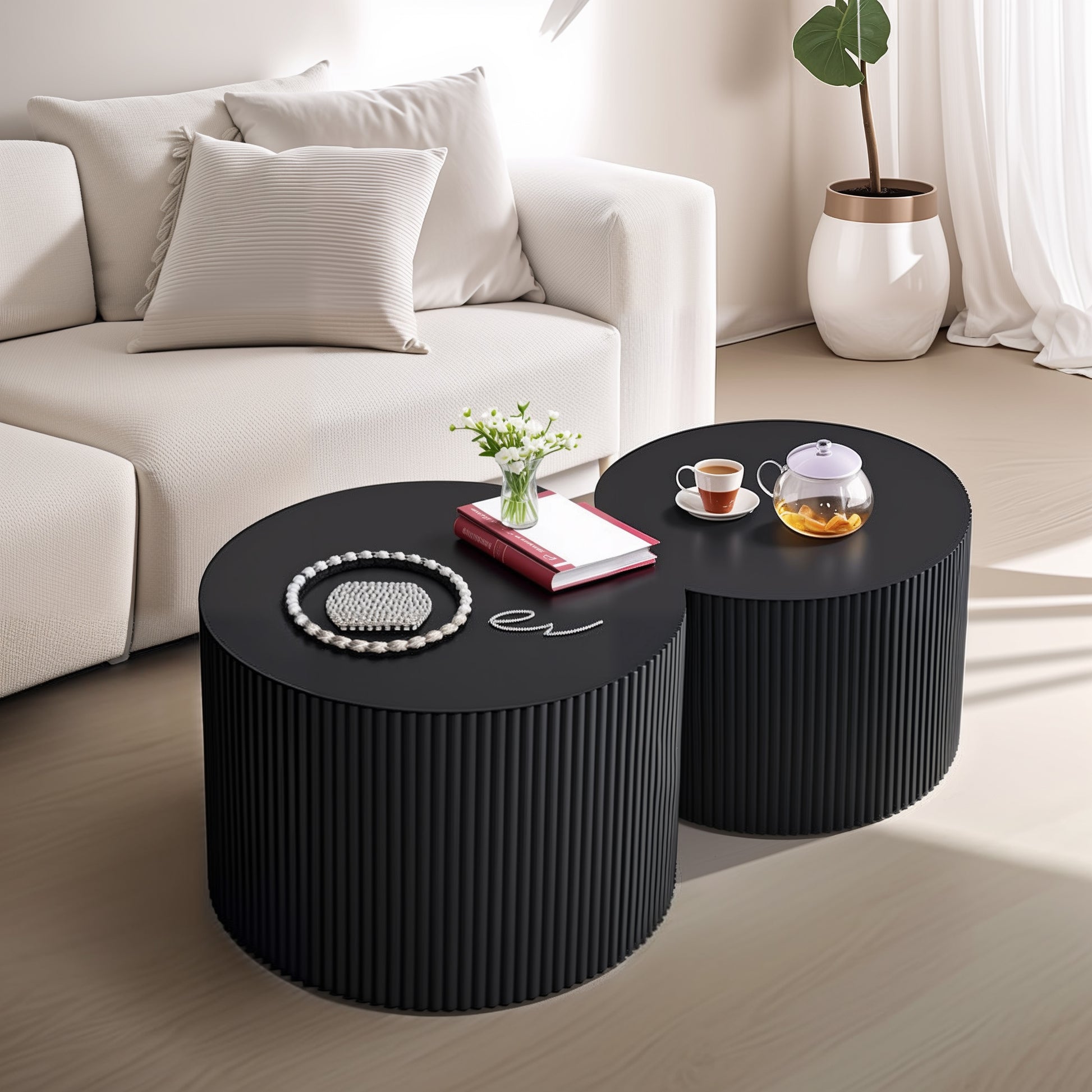 Wave Stripe Nesting Coffee Table Set for Living Room, Bedroom, Black(Set of 2 Pieces) image 4