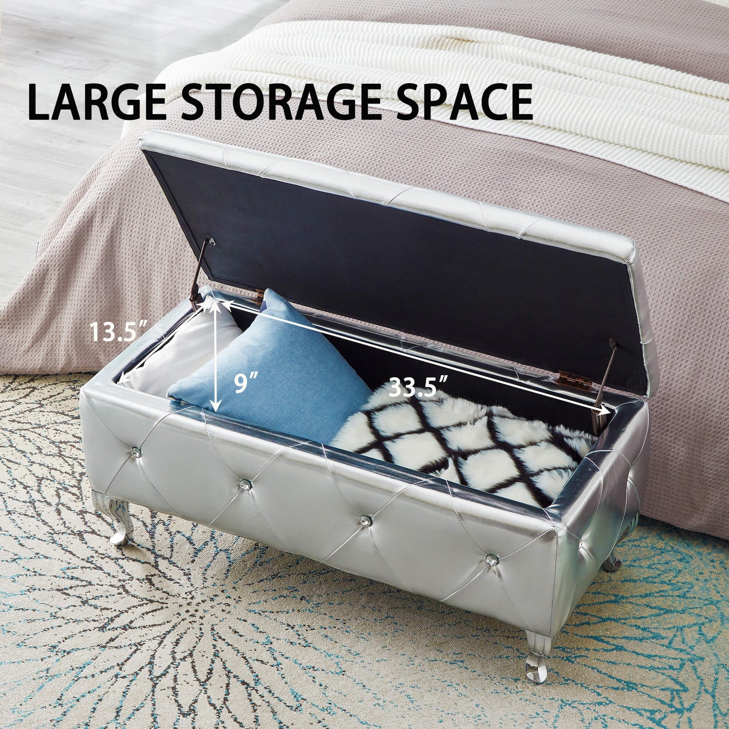 Upholstered Storage Ottoman Bench For Bedroom End Of Bed Faux Leather Rectangular Storage Benches Footrest With Crystal Buttons For Living Room Entryway (Silver) image 4