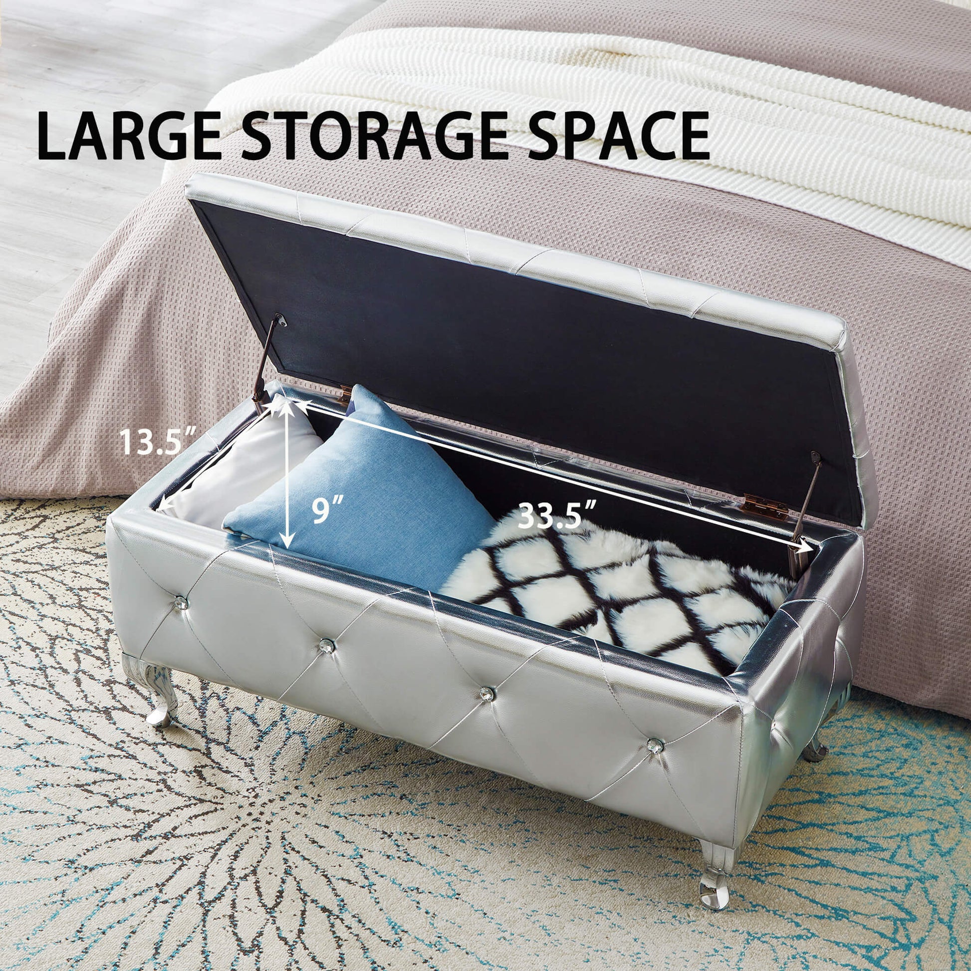 Upholstered Storage Ottoman Bench For Bedroom End Of Bed Faux Leather Rectangular Storage Benches Footrest With Crystal Buttons For Living Room Entryway (Silver) image 4