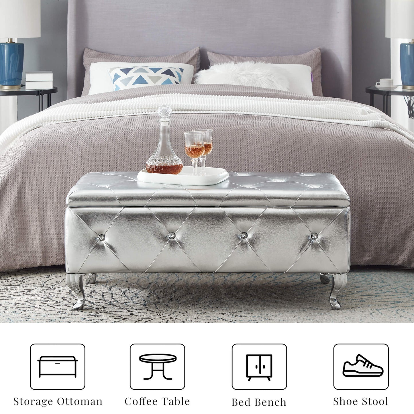 Upholstered Storage Ottoman Bench For Bedroom End Of Bed Faux Leather Rectangular Storage Benches Footrest With Crystal Buttons For Living Room Entryway (Silver) image 5