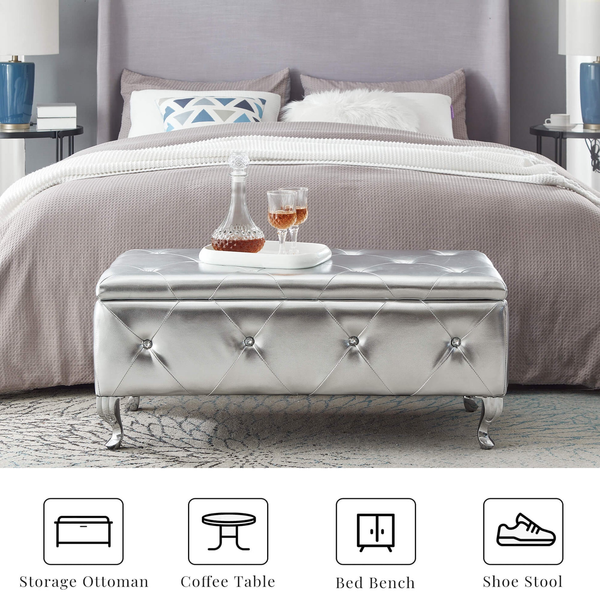 Upholstered Storage Ottoman Bench For Bedroom End Of Bed Faux Leather Rectangular Storage Benches Footrest With Crystal Buttons For Living Room Entryway (Silver) image 5
