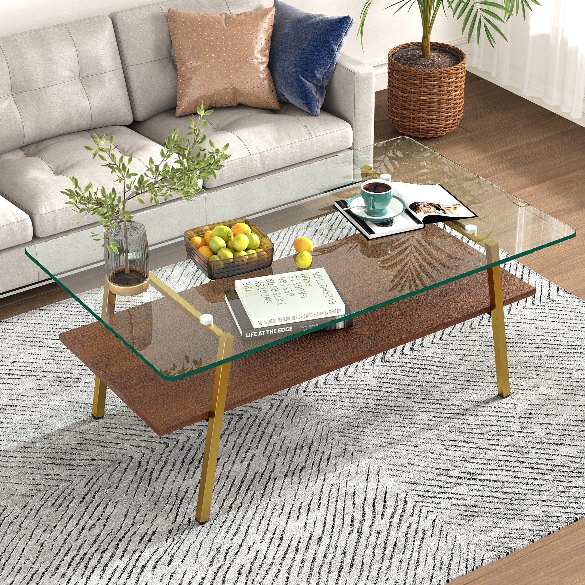 Rectangle Coffee Table, Tempered Glass Tabletop with Gold Metal Legs, Modern Table for Living Room, Transparent Glass image 4