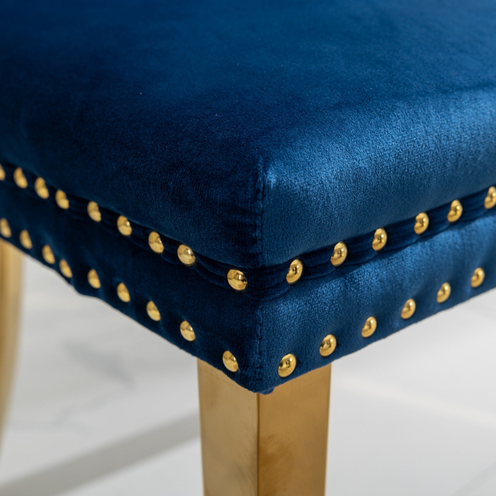 A&A Furniture,Nikki Collection Modern, High-end Tufted Solid Wood Contemporary Velvet Upholstered Dining Chair with Golden Stainless Steel Plating Legs,Nailhead Trim,Set of 2,Blue and Gold, SW1601BL image 12