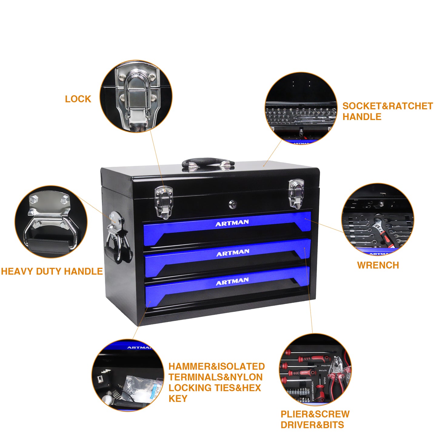 20'' Portable 3-Drawer Steel Toolbox, 4 Layers of Tools with Metal Latches, with Top Storage Tray and carrying Handle, Multi-Function Tool Storage for Garage, Home, or Workbench,Black&Blue image 3