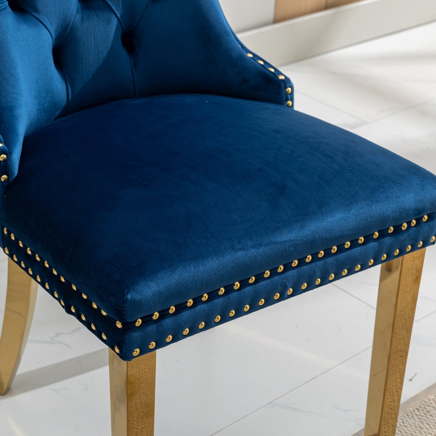 A&A Furniture,Nikki Collection Modern, High-end Tufted Solid Wood Contemporary Velvet Upholstered Dining Chair with Golden Stainless Steel Plating Legs,Nailhead Trim,Set of 2,Blue and Gold, SW1601BL image 11