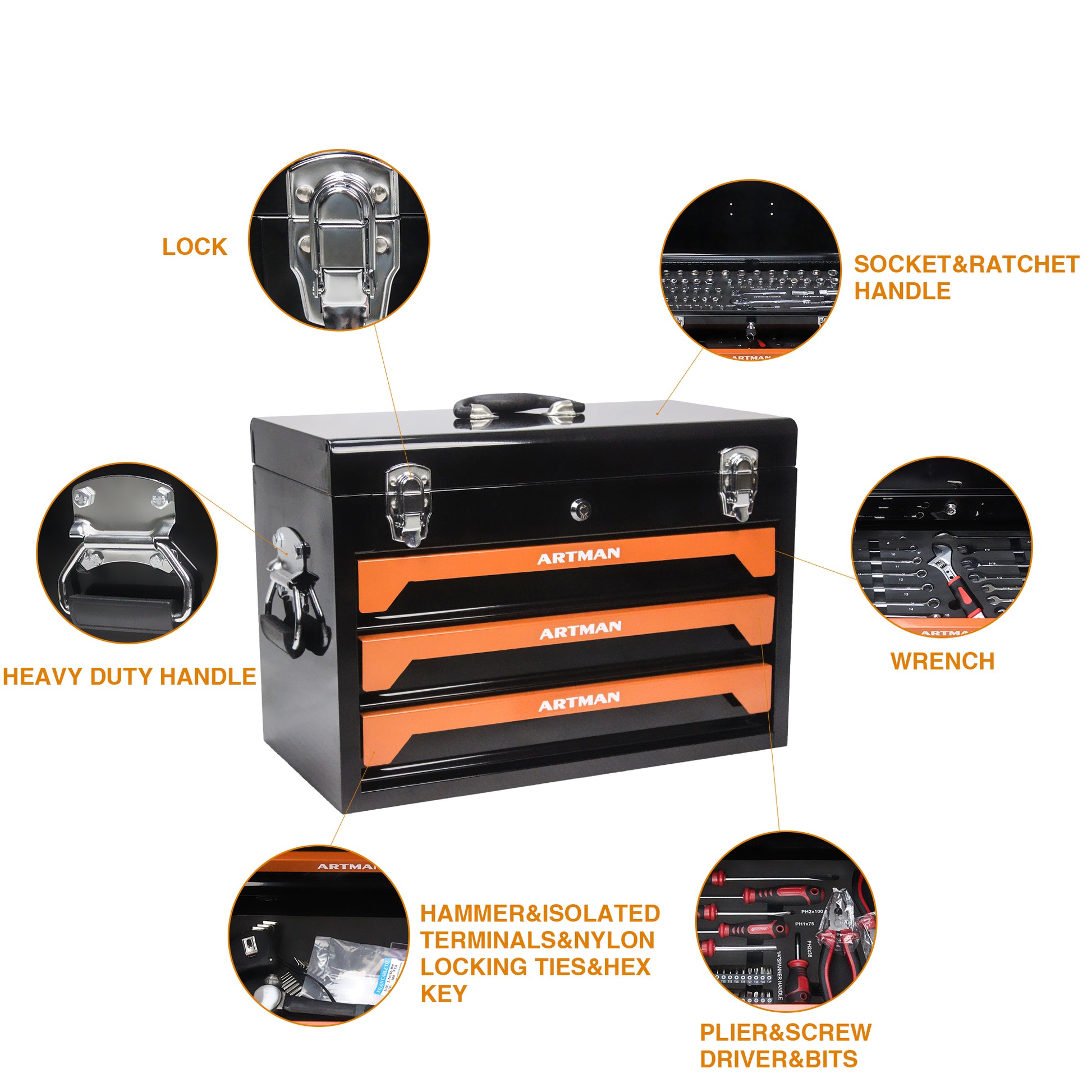 20'' Portable 3-Drawer Steel Toolbox, 4 Layers of Tools with Metal Latches, with Top Storage Tray and carrying Handle, Multi-Function Tool Storage for Garage, Home, or Workbench,Black&Orange image 3