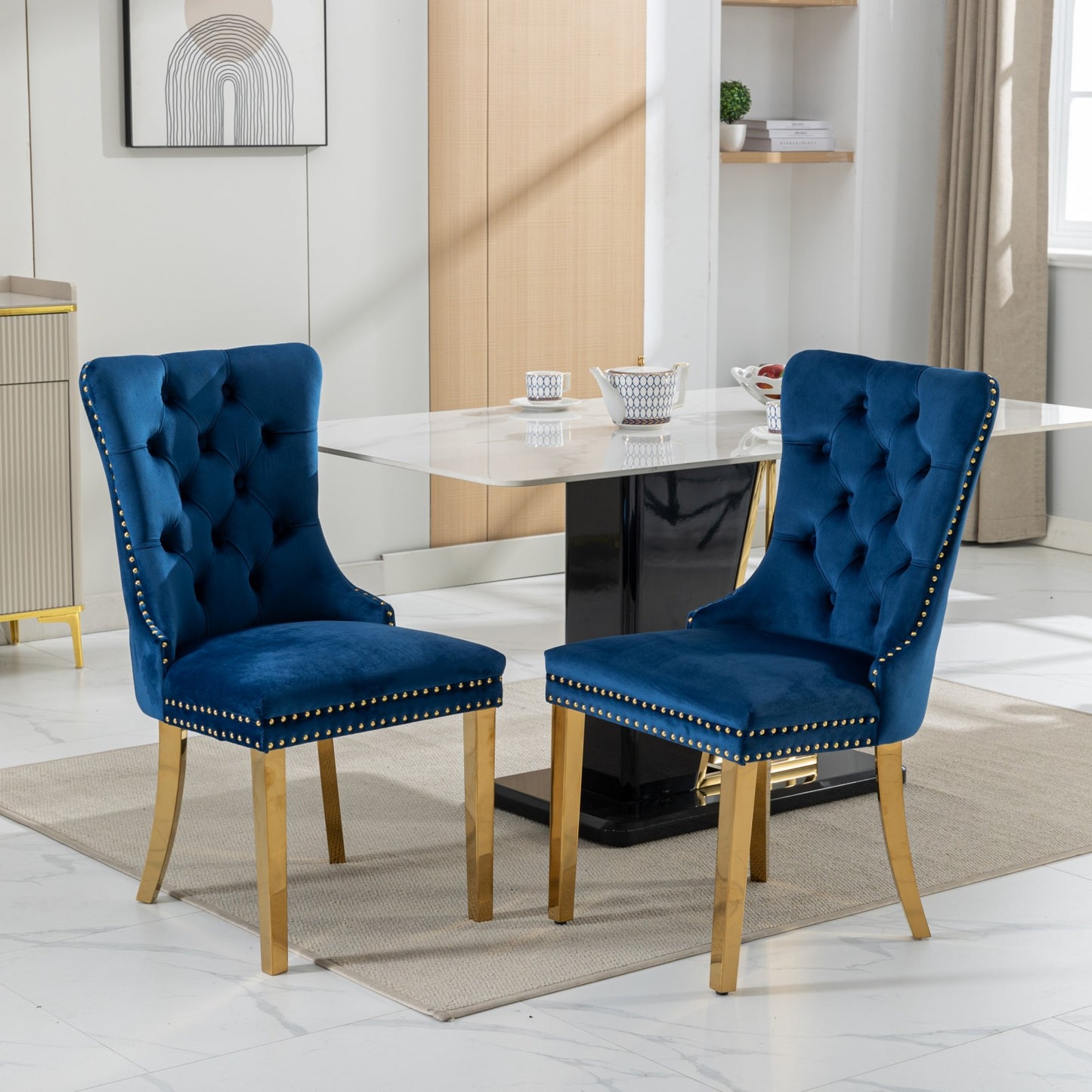 A&A Furniture,Nikki Collection Modern, High-end Tufted Solid Wood Contemporary Velvet Upholstered Dining Chair with Golden Stainless Steel Plating Legs,Nailhead Trim,Set of 2,Blue and Gold, SW1601BL image 1