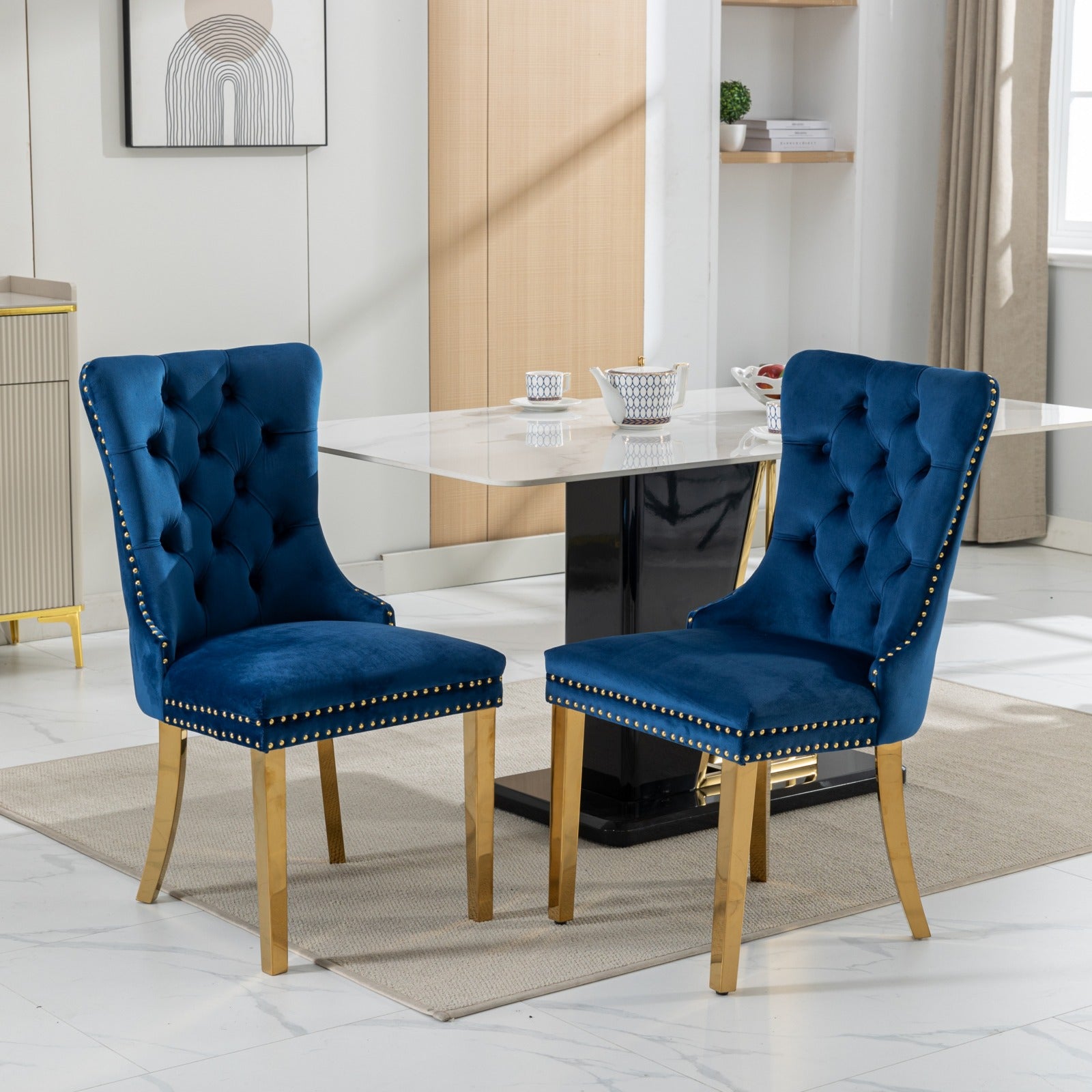 A&A Furniture,Nikki Collection Modern, High-end Tufted Solid Wood Contemporary Velvet Upholstered Dining Chair with Golden Stainless Steel Plating Legs,Nailhead Trim,Set of 2,Blue and Gold, SW1601BL image 1