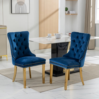 A&A Furniture,Nikki Collection Modern, High-end Tufted Solid Wood Contemporary Velvet Upholstered Dining Chair with Golden Stainless Steel Plating Legs,Nailhead Trim,Set of 2,Blue and Gold, SW1601BL image 1