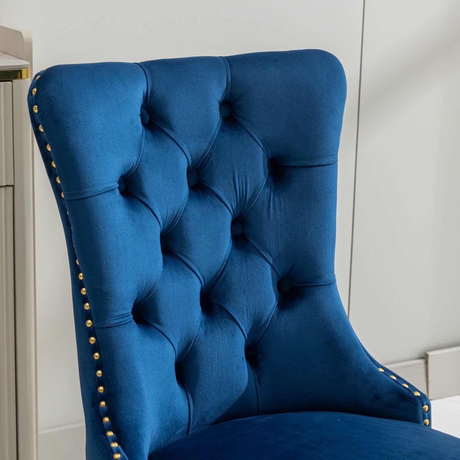 A&A Furniture,Nikki Collection Modern, High-end Tufted Solid Wood Contemporary Velvet Upholstered Dining Chair with Golden Stainless Steel Plating Legs,Nailhead Trim,Set of 2,Blue and Gold, SW1601BL image 9