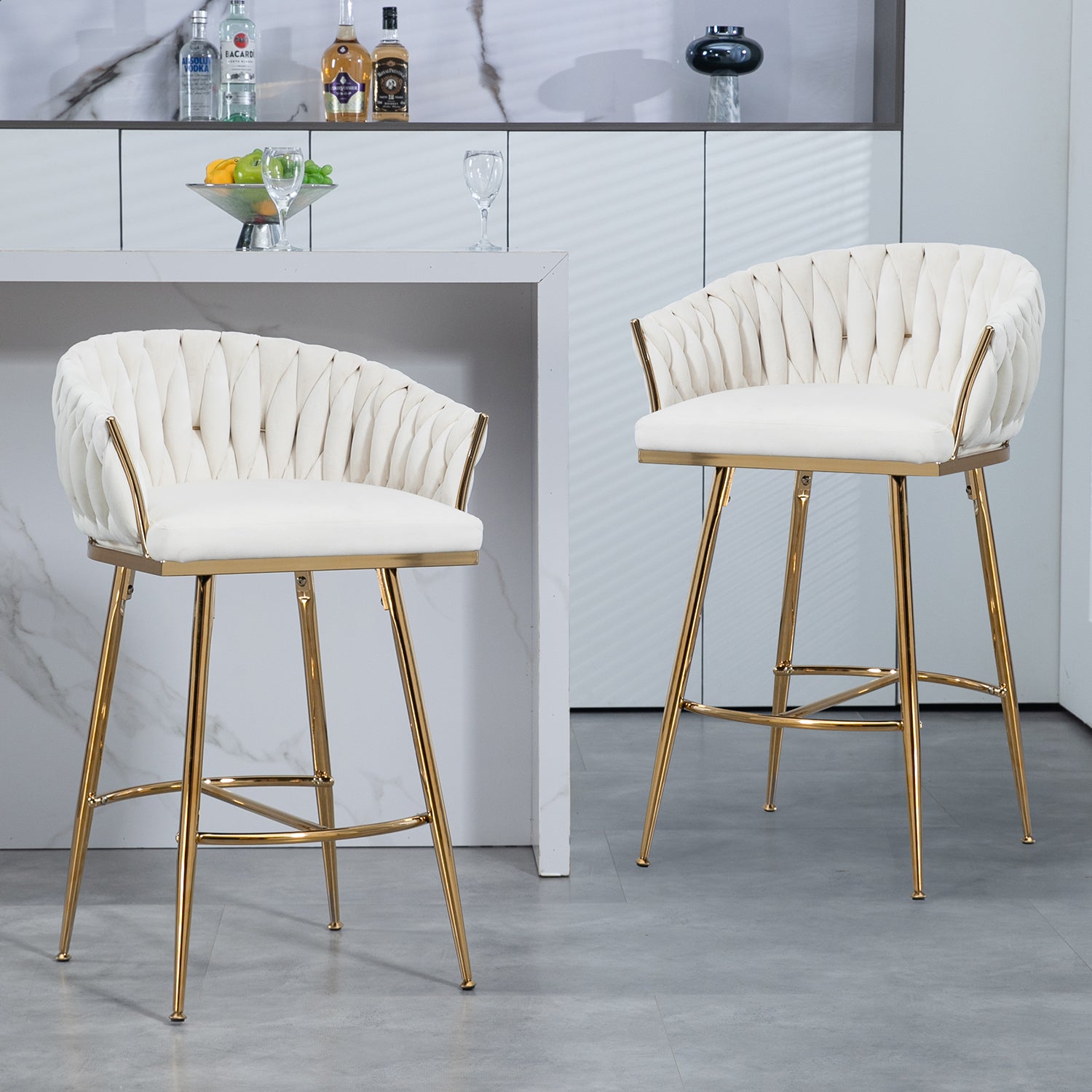 26'' Counter height bar stools velvet kitchen island counter bar stool with hand- wave back,golden chromed base and footrest (BEIGE) image 2